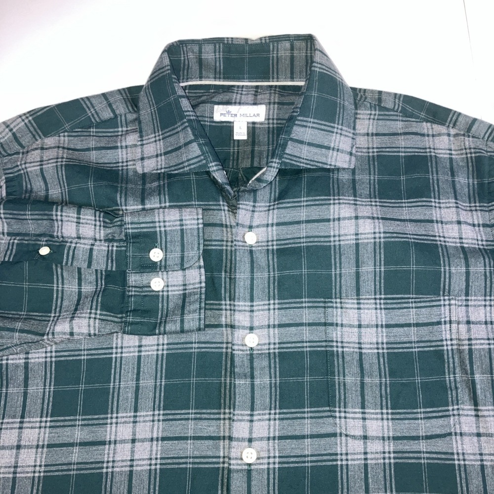 Peter Millar Mens Green Lightweight Flannel Shirt Crown Sport Large Cotton Plaid